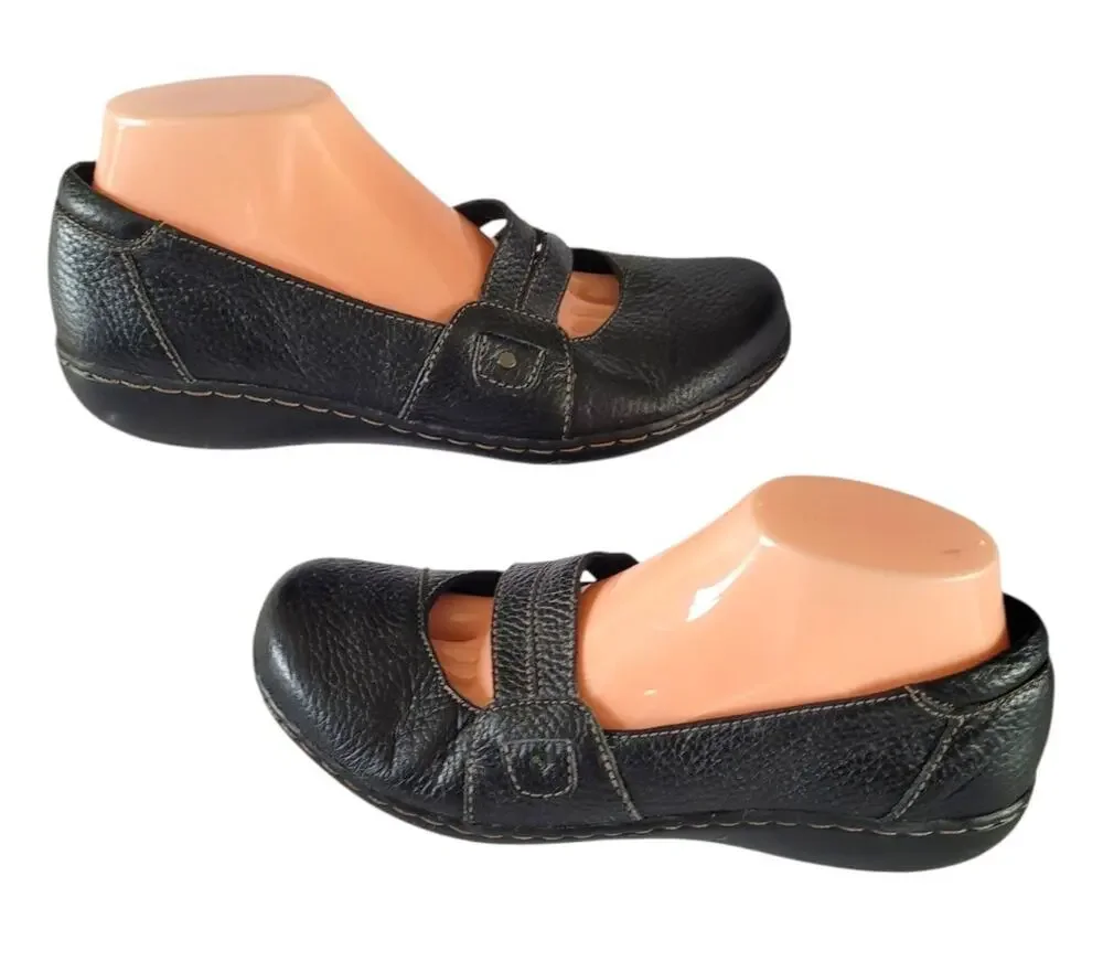 Clarks WMS 8.5M Shoes Flats Mary Black Brown Mary Jane Strap Slip On Comfort